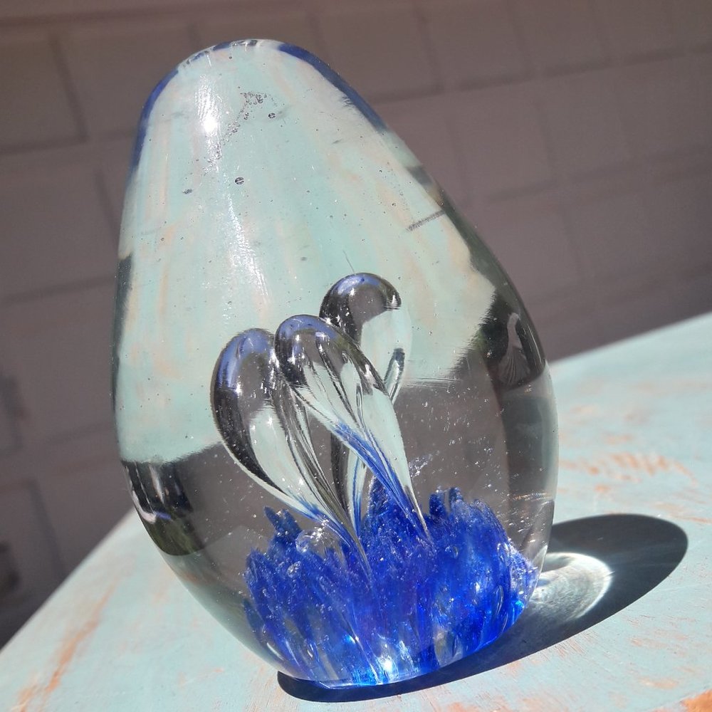 Hand Blown Art Glass Paperweight Bullicante Flower Abstract Decor Blue